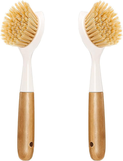 2 Pack Kitchen Dish Brush Bamboo Handle Dish Scrubber Built-in Scraper, Scrub Brush for Pans, Pots, Kitchen Sink Cleaning, Dishwashing and Cleaning Brushes are Perfect Cleaning Tools, White