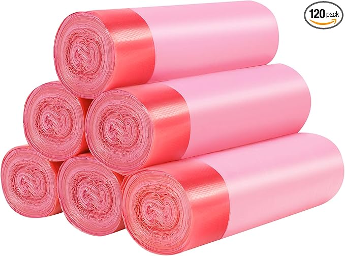 6Rolls Drawstring Small Trash Bags,4 Gallon Thicken Drawstring Small Garbage Bags for Kitchen,Bathroom,Bedroom,Home,Office Trash Cans，120 Counts (Pink)
