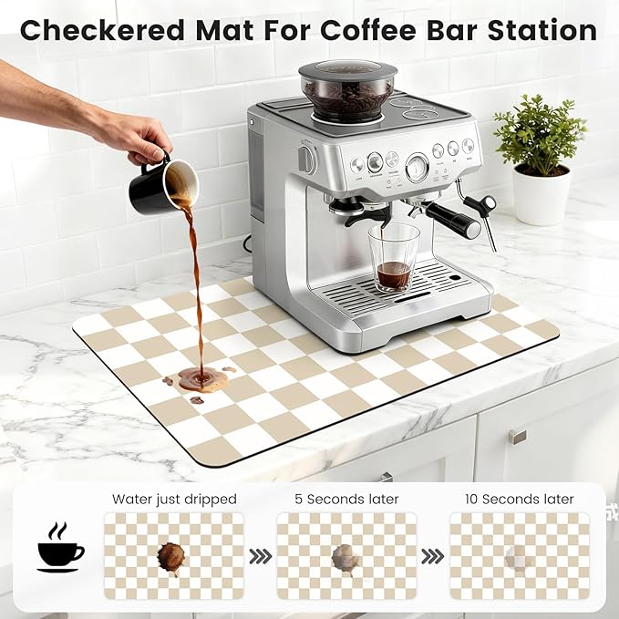 12" x 20" Checkered Dish Drying Mat for Kitchen Counter, Absorbent Coffee Bar Mat for Espresso Machine Coffee Countertops Accessories (Khaki)
