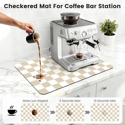 16" x 24" Checkered Dish Drying Mat for Kitchen Counter, Absorbent Coffee Bar Mat for Espresso Machine Coffee Countertops Accessories (Khaki)