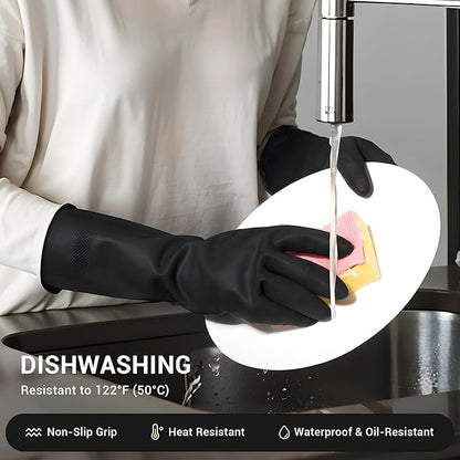 ThxToms 3 Pairs Dishwashing Gloves, Reusable Latex Cleaning Gloves for Housework Kitchen Bathroom, Durable Flexible & Anti-slip, Smooth Lining, Easy On & Off, Medium, Black
