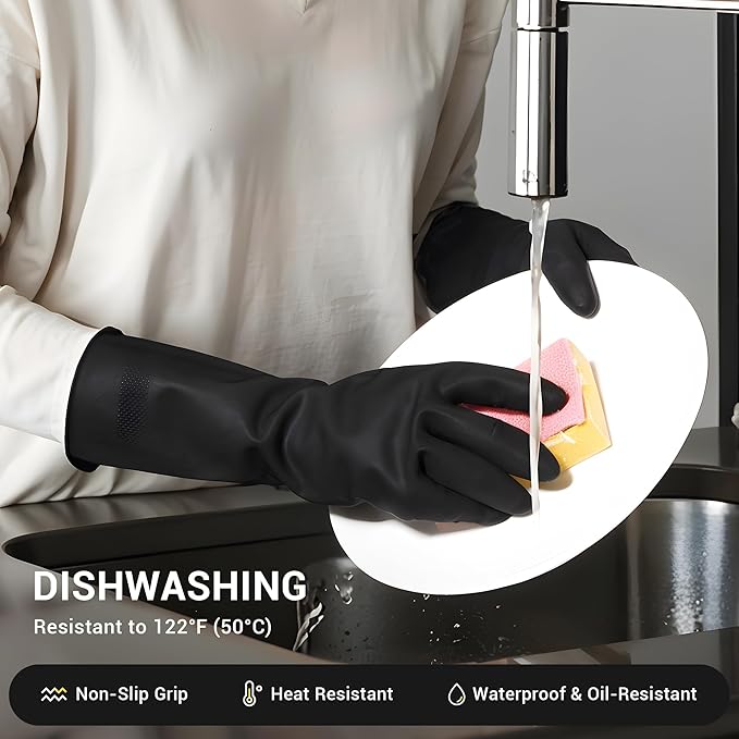 ThxToms 3 Pairs Dishwashing Gloves, Reusable Latex Cleaning Gloves for Housework Kitchen Bathroom, Durable Flexible & Anti-slip, Smooth Lining, Easy On & Off, Extra Large, Black