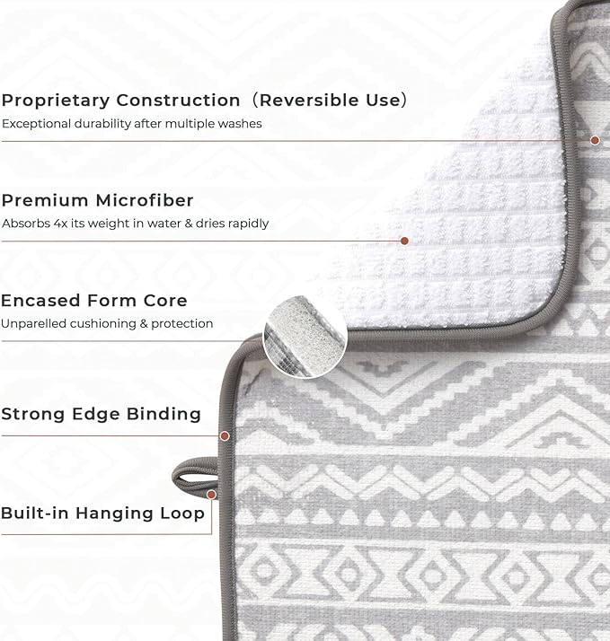 FRESHMINT Printed Dish Drying Mats for Kitchen Counter 2 Pack Absorbent Reversible Drying Mats Microfiber Kitchen Countertop Protector Dishes Drying Pad Extra Large 18"x24" Dish Mat