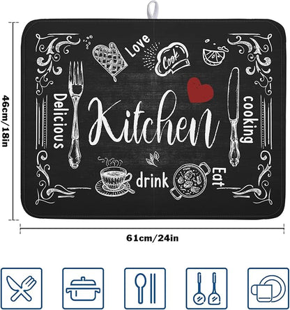 Kawani Black Coffee Bar Dish Drying Mats for Kitchen Counter 18x24 Inch, Kitchen Drying Mat, Kitchen Coffee Bar Dishes Pad Dish Drainer Rack Mats Absorbent Fast Dry Kitchen Accessories Square