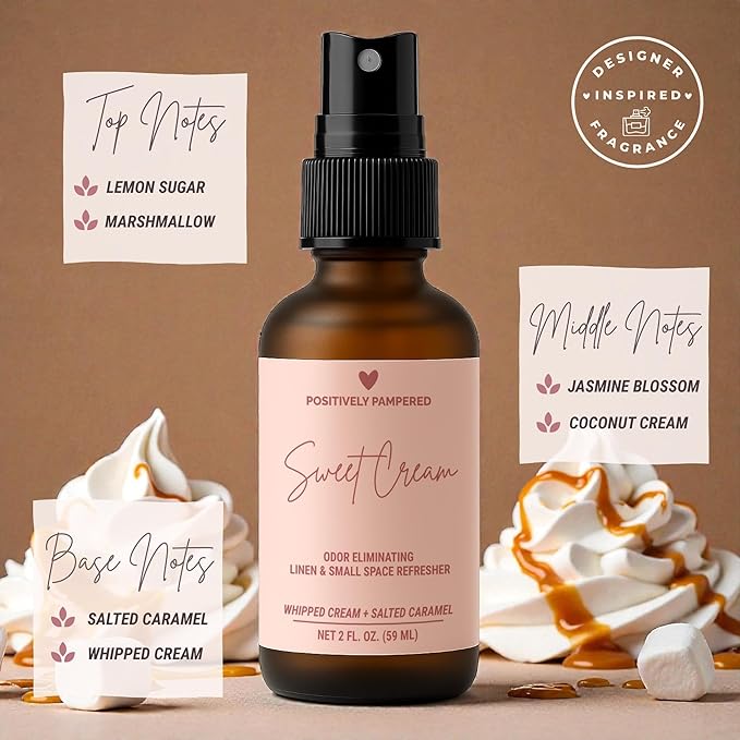 Sweet Cream Luxury Small Space Air & Linen Freshener Spray - Whipped Cream + Salted Caramel - Designer-Inspired Home Fragrance - Non Toxic Room Spray + Odor Eliminator - 2 oz Travel Size