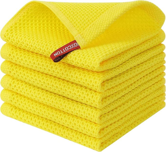 Kitinjoy 100% Cotton Kitchen Dish Cloths (12 X 12 Inches, Yellow), 6 Pack Waffle Weave Ultra Soft Absorbent Dish Towels for Drying Dishes Quick Drying Kitchen Towels Dish Rags