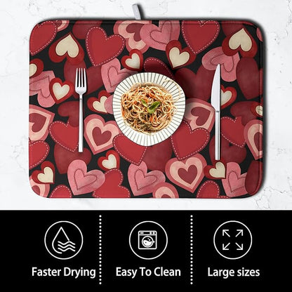 Valentine Dish Drying Mat for Kitchen Counter Red Black Love Heart Drying Pad Microfiber Absorbent Coffee Bar Mat Heat Resistant Countertop Protector Dishes Drainer Mat 18x24 Inch