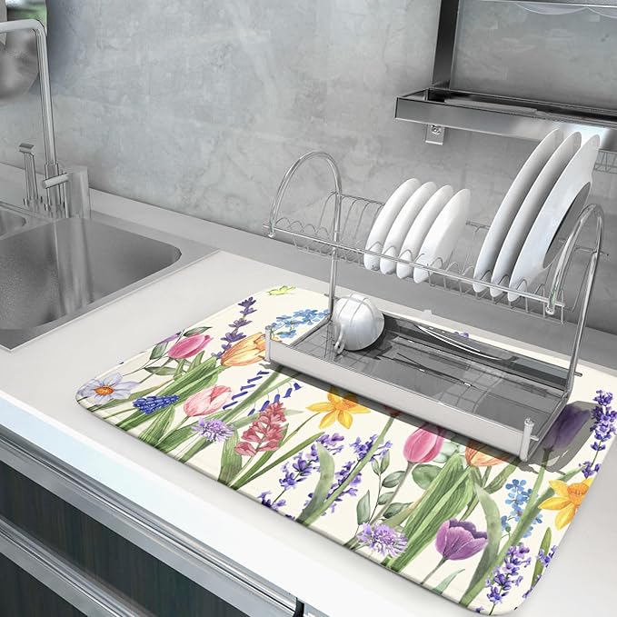 Spring Floral Dish Drying Mat for Kitchen Counter 18x24 Inch Spring Flowers Dish Drainer Rack Mats Absorbent Kitchen Drying Mat Botanical Floral Drainer Rack Mats for Kitchen Countertop Table Decor
