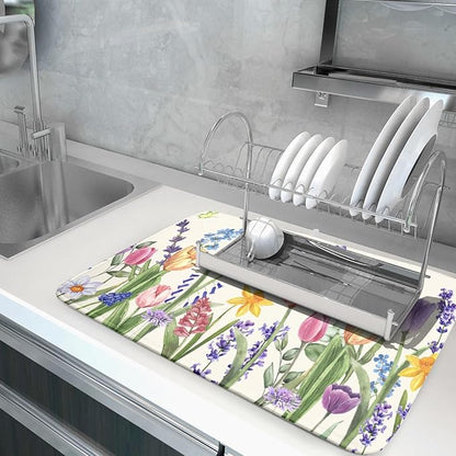 Spring Floral Dish Drying Mat for Kitchen Counter 18x24 Inch Spring Flowers Dish Drainer Rack Mats Absorbent Kitchen Drying Mat Botanical Floral Drainer Rack Mats for Kitchen Countertop Table Decor