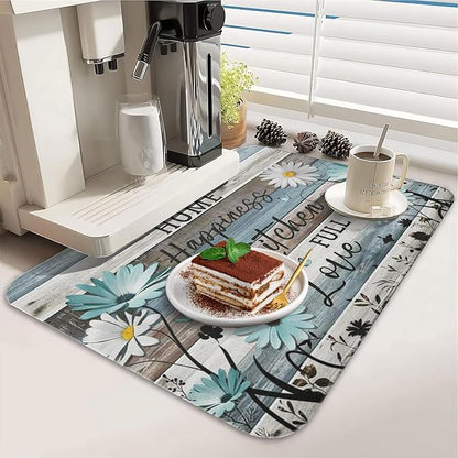 Dish Drying Mat for Kitchen Counter 2 Pack with Non-Slip Rubber Backing - Heat-Resistant Absorbent Coffee Bar Mat, Dish Rack Mat, Sunflowers on Blue Wooden Boards Dish Drying Mats 18x24+19.5x12 inch