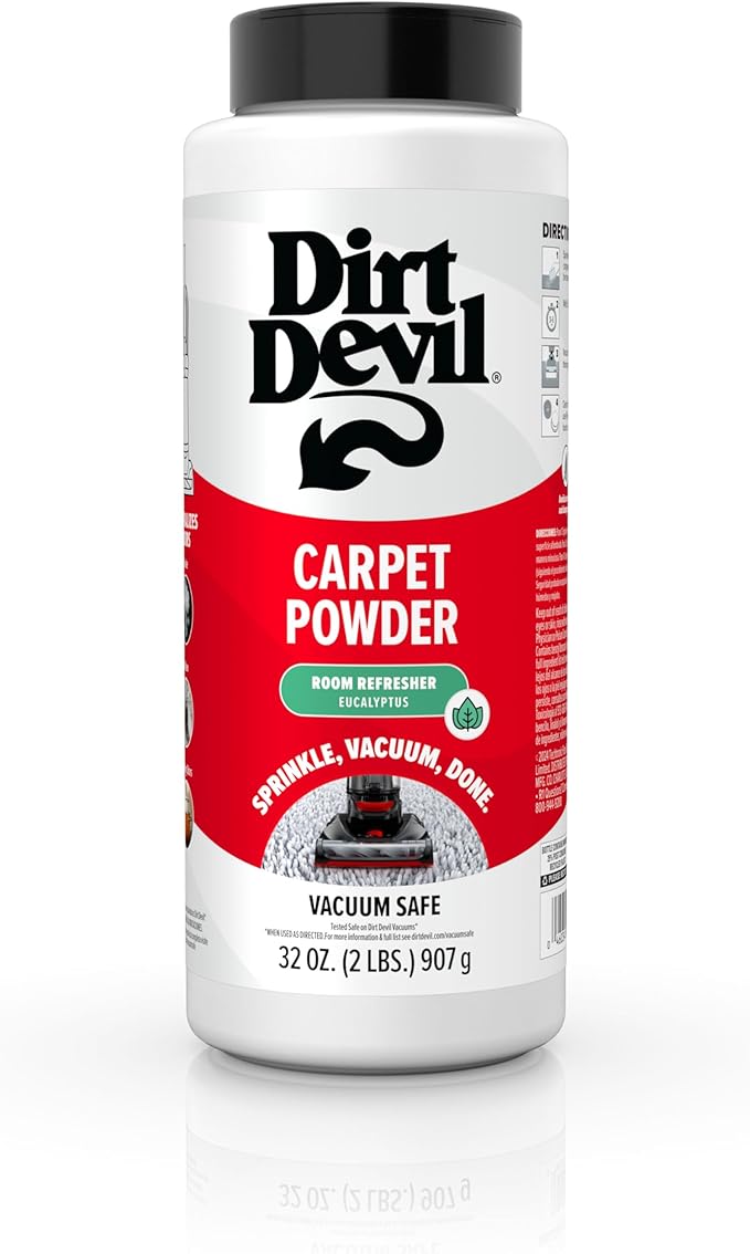 Dirt Devil Carpet Powder, 32 oz, Room Refresher and Odor Eliminator, Eucalyptus Scent, Vacuum Cleaner Safe, For Use on Carpets, Rugs, Upholstery and More, Carpet Freshener Powder for Home Use
