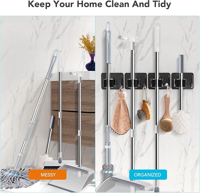 homeasy Mop Broom Holder No Drill, Mop Broom Organizer Wall Mounted Heavy Duty with Hooks Hanger, Self Adhesive Stainless Steel 4Pcs for Bathroom, Kitchen, Office (Multicolor)