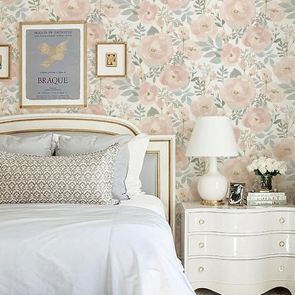 Orainege Peel and Stick Wallpaper Floral Wallpaper 17.3in x118.1in Floral Contact Paper Peony Self Adhesive Removable Wall Paper for Cabinets Walls Shelf Liner, Light Pink
