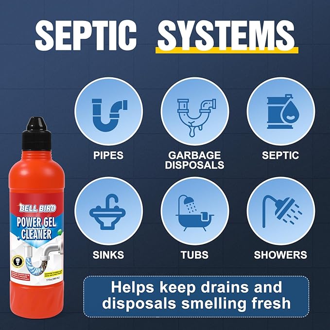 Bell Bird Drain Clog Remover & Pipe Cleaner - Thick Power Gel Dissolves Hair, Grease, and Soap Scum - Septic Safe Odor Eliminator for Kitchen Sinks, Tubs, Showers & Toilets (Pack of 4)