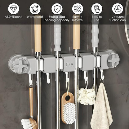 Broom Holder Wall Mount Sturdy Mop and Broom Organizer with 4 Racks and 5 Hooks Vacuum Suction Cup Broom Mop Holder for Home, kitchen, Garden, Tools, Garage (grey)