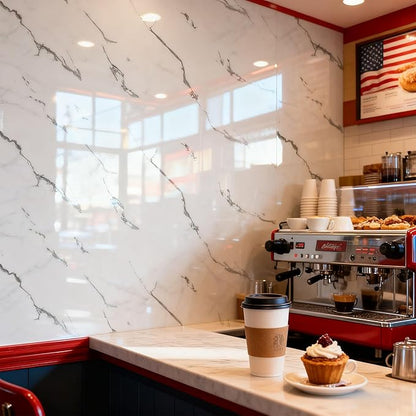 Carrara White Marble Peel and Stick Wallpaper, Glossy Texture Vinyl Wall Panels, Waterproof Renter Friendly, 23.6" x 118", TV Accent Wall, Bathroom, Foyer, Coffee Shop Decor