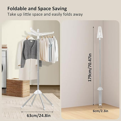 SUYU Clothes Drying Rack, Foldable Drying Rack Clothing, Laundry Drying Rack, 59-Inch Indoor Clothes Airer with 3 Rotatable Arms, Stainless Steel,4 Legs,White and Silver SNJ101