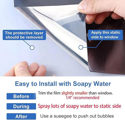 One Way Window Privacy Film See Out Not in, Window Tint for Home, Reflective Mirror Glass Windows Coverings Sun Heat UV Blocking, Black-Silver, 29.5 Inch x 157.4"