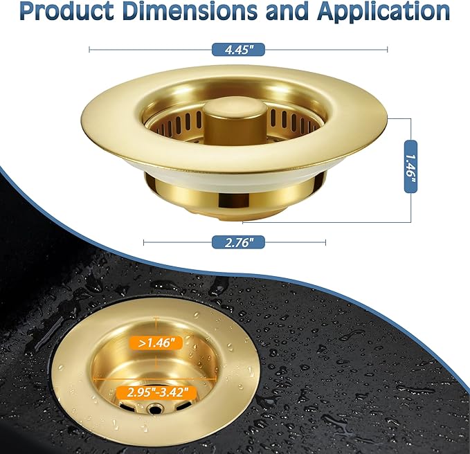 Kitchen Sink Drain Strainer 3 in 1, 304 Stainless Steel Pop Up Sink Stopper, Anti-Clogging Sink Drain Strainer for US Standard Kitchen Drain (Gold)
