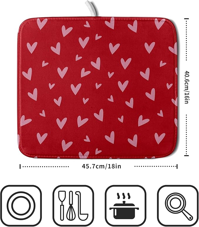 Valentines Dish Drying Mat for Kitchen Counter 16x18 Inch Valentine's Day Red Pink Love Heart Print Absorbent Reversible Microfiber Drying Mats Kitchen Countertop Protector Dishes Drainer Rack Pad
