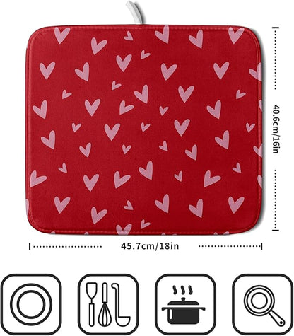 Valentines Dish Drying Mat for Kitchen Counter 16x18 Inch Valentine's Day Red Pink Love Heart Print Absorbent Reversible Microfiber Drying Mats Kitchen Countertop Protector Dishes Drainer Rack Pad