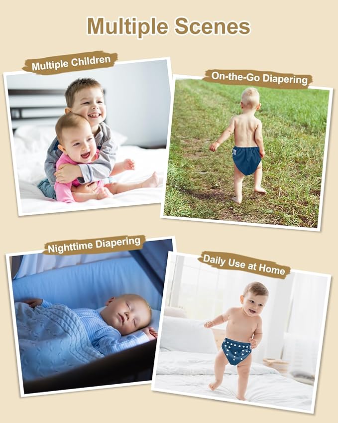 Babygoal Baby Reusable Neutral Cloth Diapers, One Size Adjustable Washable Pocket Nappy Covers 6 Pack+6pcs Rayon from Bamboo Inserts+Wet Bag