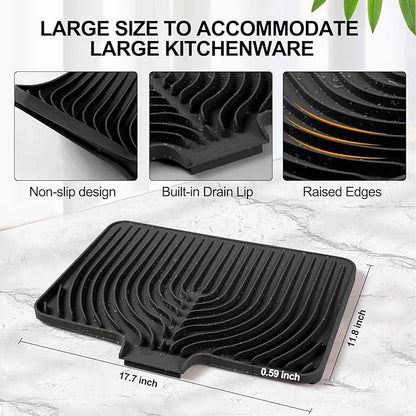 Dish Drying Mat for Kitchen Counter, with Built-in Drain Lip, Food-Grade Silicone, Easy Clean Pad for Countertop Protection, Multi-Functional Use (18 x12 Raised Sink, Black)