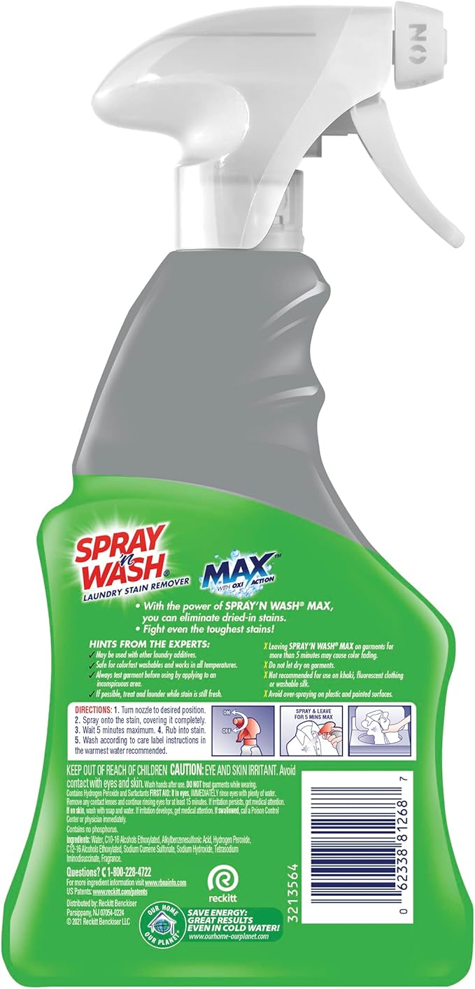Spray N’ Wash Max Stain Remover Spray, Laundry Pre-Treat for Tough Stains, 16oz