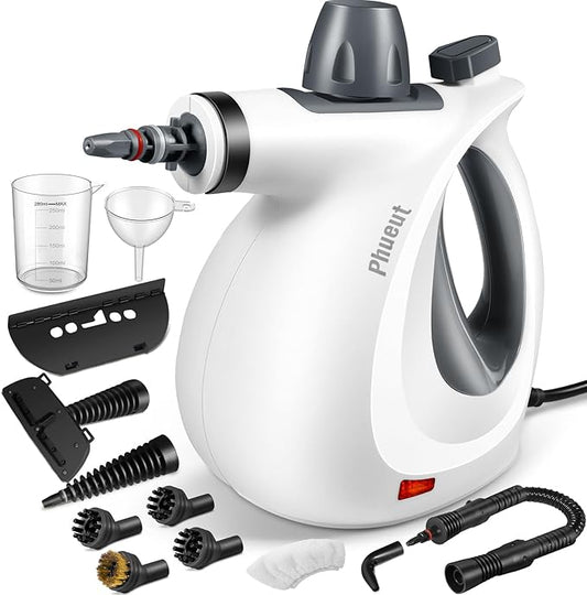 Pressurized Handheld Multi-Surface Natural Steam Cleaner with 12 pcs Accessories, Multi-Purpose Steamer for Home Use, Steamer for Cleaning Floor, Upholstery, Grout and Car (Grey) (Grey)