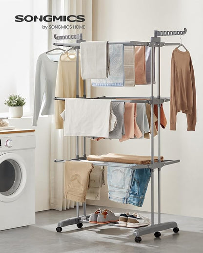 SONGMICS Clothes Drying Rack 4-Tier, Foldable Laundry Drying Rack 68.1-Inch Tall, Stainless Steel, Rolling Clothes Horses, Clothes Airer, Indoor Outdoor Use, Dove Gray ULLR703G01