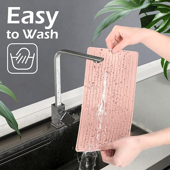 GeeRic Dish Drying Mats, Heat-resistant Silicone Mat for Kitchen Counter, Non-Slip Dish Dry Mat Dishwasher Safe Large, Pink