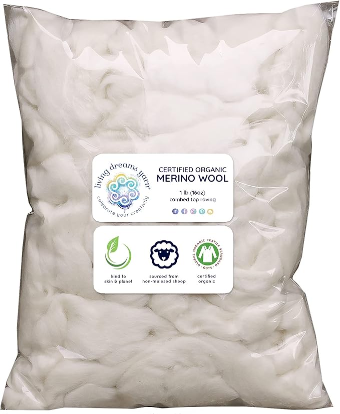 Certified Organic Merino Wool Roving. Ethically & Responsibly Sourced Fiber for Spinning, Felting, Filling and Dryer Balls - 1 LB Bag, Natural White Combed Top
