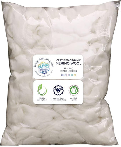 Certified Organic Merino Wool Roving. Ethically & Responsibly Sourced Fiber for Spinning, Felting, Filling and Dryer Balls - 1 LB Bag, Natural White Combed Top