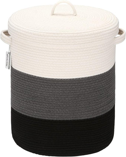 Sea Team Large Size Cotton Rope Woven Storage Basket with Lid, Lidded Laundry Hamper with Handles, Fabric Bucket with Cover, Clothes Toys Organizer for Kid's Room, 16 x 20 inches, White & Black