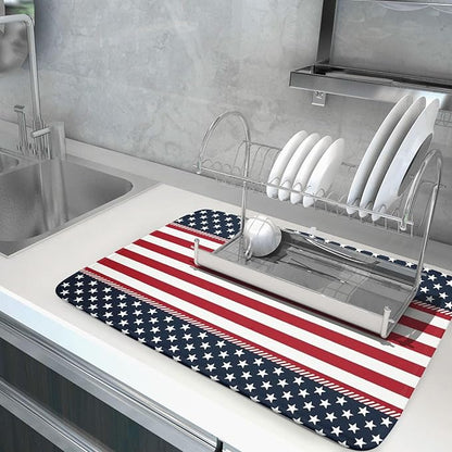 4th of July Patriotic Dish Drying Mat For Kitchen Counter America Red White Blue Stripes Stars Microfiber Absorbent Drying Mats Reversible Kitchen Countertop Drainer Pad 18x24 Inch