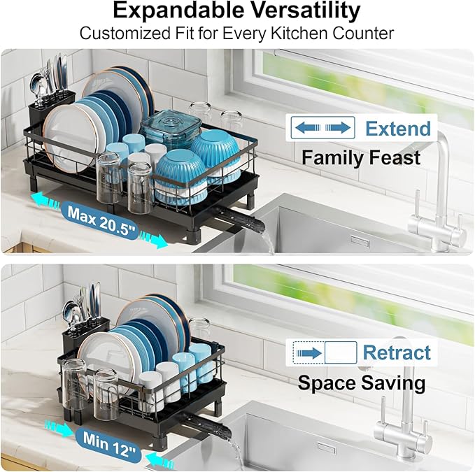 GSlife Expandable Dish Drying Rack with Drainboard, Compact Rustproof Dish Rack for Kitchen Counter, Ultra-Sturdy Space Saver with Cup Holder for Small Apartment,12.2" W x 12"-20.5" L, Black