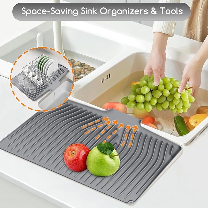 Large Premium Silicone Dish Drainers for Kitchen Counter - 18.5"x13" Non-Slip, Heat-Resistant (450°F) with Hanging Hole, Multi-Use Dish Rack Mat (Gray)