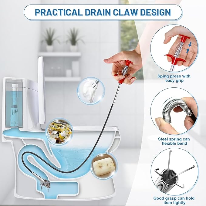 33 Inch Drain Snake with 4 Claws, Flexible Hair Drain Clog Remover Tool, Plumbing Snake Drain Auger for Sink, Shower, Toilet, Bathtub, Drain Grabber Tool for Pipe Unclogging