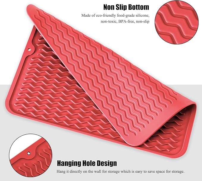 Large 17" x 14" Silicone Dish Drying Mat for Kitchen Counter, Easy clean, Quick Dry, Heat-resistant Dish Drainer Mat for Sink,Refrigerator or Drawer liner (Food Grade Silicone-Red)