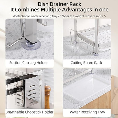 Dish Drying Rack, Double Layered countertop Kitchen Organizer with Drainage Large Bowl Rack and Storage Rack with Drainage Board (Silver Upgraded Version)