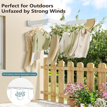 JAUREE Clothes Drying Rack Wall Mounted, Space-Saving Drying Rack Clothing, Collapsible Foldable Retractable Laundry Rack with 18 Hooks, Indoor/Outdoor, White