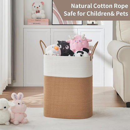 Laundry Basket with Handles - Blanket Basket & Hampers for Bedroom Aesthetic, Laundry Hamper & Blanket Storage for Living Room, Clothes Hamper, Tall, Large 17" x 14" x 22”, White & Jute