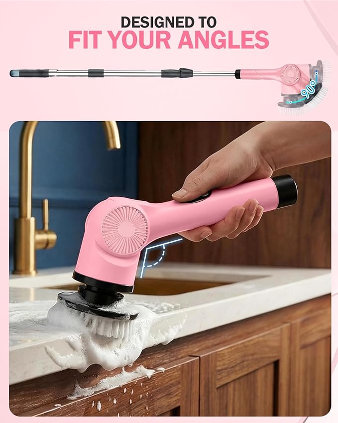 Electric Spin Scrubber, 3-Speed Cordless Shower Scrubber with 90° Adjustable & 10 Replaceable Brush Heads, 90 Mins Runtime & Full-Body IPX7 Waterproof Shower Cleaner Brush with Long Handle