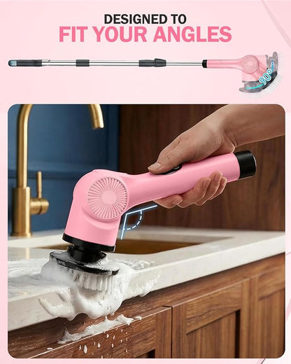 Electric Spin Scrubber, 3-Speed Cordless Shower Scrubber with 90° Adjustable & 10 Replaceable Brush Heads, 90 Mins Runtime & Full-Body IPX7 Waterproof Shower Cleaner Brush with Long Handle
