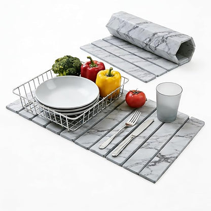 Dish Drying Mats, Large 24x16 Inch Diatomaceous Earth Drying Mat / Fast-Absorbing,Non-Slip Stone Drying Mat For Kitchen Counter / Eco-Friendly for Dishes (Gray Marble)