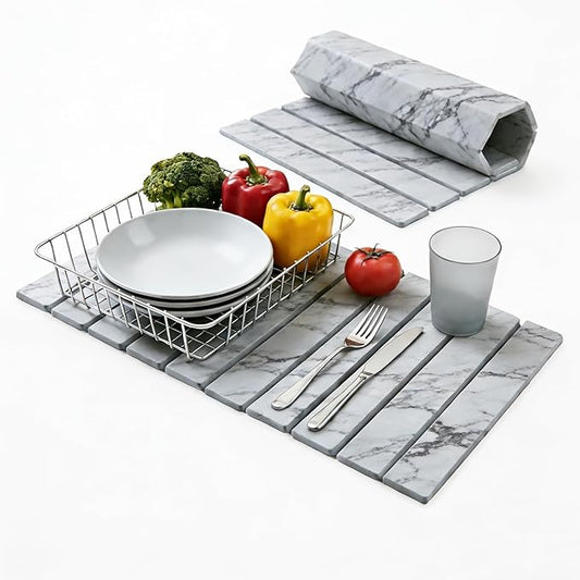Dish Drying Mats, Large 24x16 Inch Diatomaceous Earth Drying Mat / Fast-Absorbing,Non-Slip Stone Drying Mat For Kitchen Counter / Eco-Friendly for Dishes (Gray Marble)
