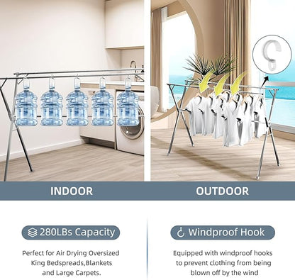 Clothes Drying Rack,Heavy Duty Stainless Steel Garment Rack,Adjustable and Foldable Laundry Drying Rack for Indoor Outdoor Drying Rack Clothing with 20 Windproof Hooks (Silver, 95")