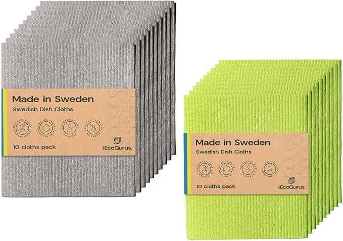 Original Swedish Dishcloth – Made in Sweden, 10 Gray + 10 Green Cloths, Reusable & Biodegradable Cellulose Sponge for Kitchen, Suitable for All Surfaces, Odour-Resistant Eco Cleaning