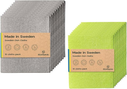 Original Swedish Dishcloth – Made in Sweden, 10 Gray + 10 Green Cloths, Reusable & Biodegradable Cellulose Sponge for Kitchen, Suitable for All Surfaces, Odour-Resistant Eco Cleaning