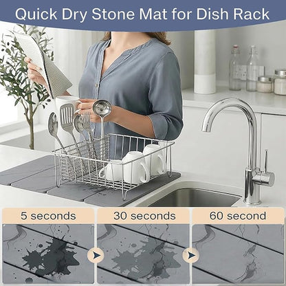 Large 4-Panel Stone Drying Mat for Kitchen Counter, 24"×16" , Foldable Diatomaceous Earth Dish Drying Mat, Quick-Dry ,Premium PU Leather Backing, Non-Slip, Kitchen Essentials